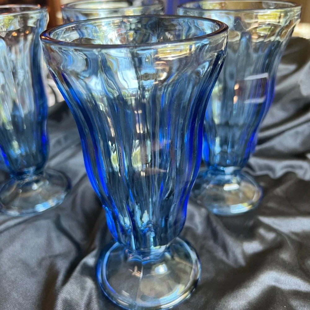 Vintage Set Of Four Anchor Hocking Light Blue Glass Sundae or Milk Shake Glasses